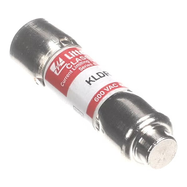 A cylindrical fuse with metallic ends and a red and white label indicating specifications such as '600 VAC' and 'KLDR'.