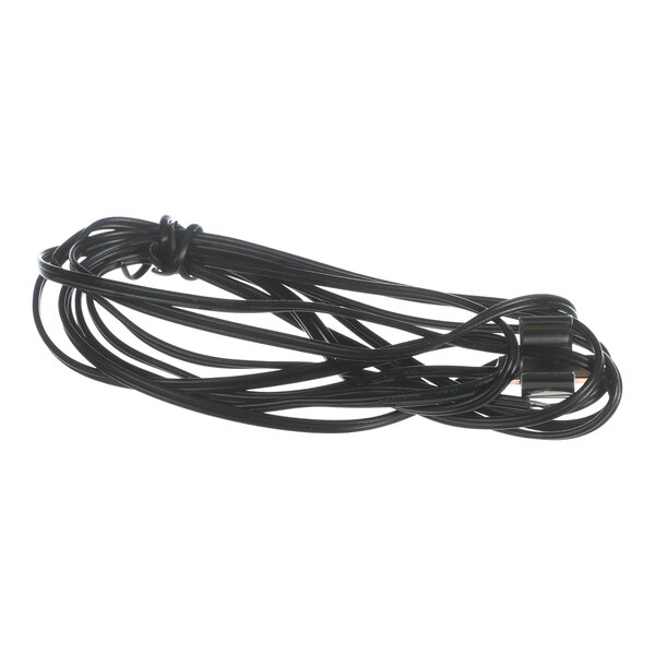 A coiled black cable with exposed metal tips at one end, likely an electronic component or sensor.