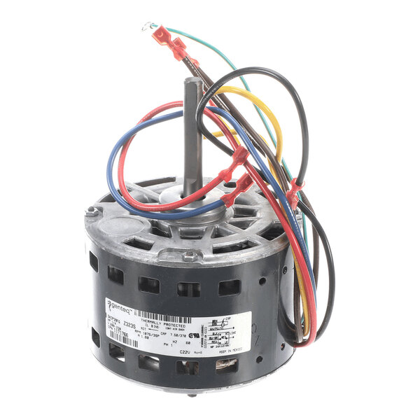 A cylindrical electric motor with multiple colored wires attached, featuring a central shaft and a label with technical specifications.