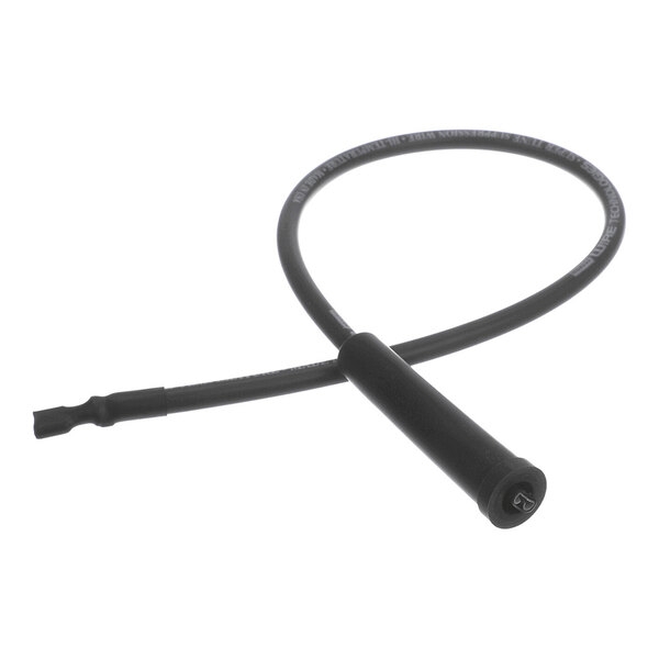 A black flexible cable with a cylindrical connector on one end and a flat connector on the other end.