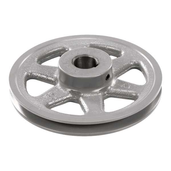 A metallic, circular, spoked pulley wheel with a central bore and a single groove around its edge.