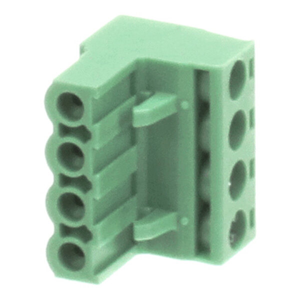 A green plastic electrical connector with four circular ports and a right-angle design.