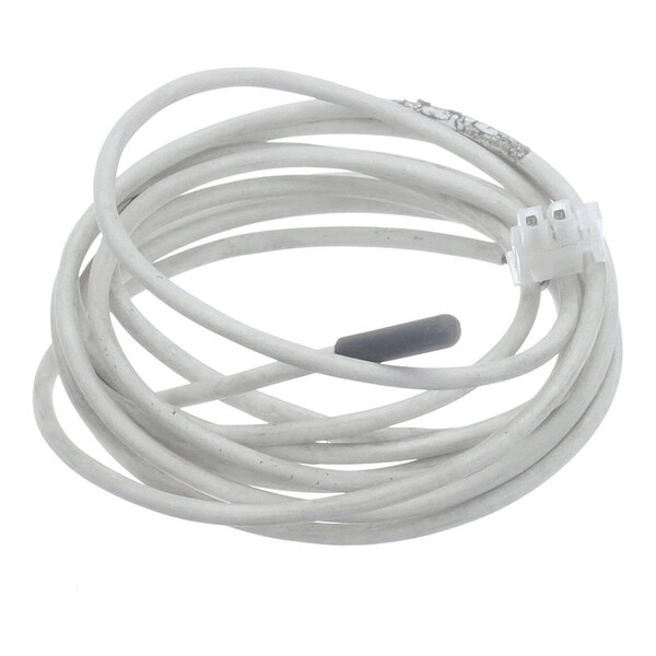A coiled white cable with a black-tipped sensor on one end and a white plastic connector on the other end.