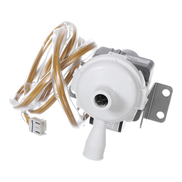 A small mechanical device with a white plastic housing, attached wiring, and a metal mounting bracket.