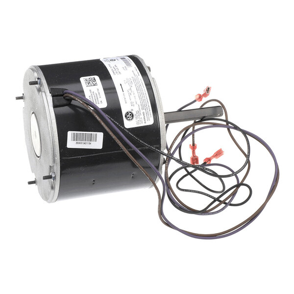 A cylindrical electric motor with a metal shaft and attached wires, featuring labels and barcodes on its black housing.