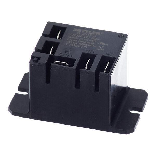 A black rectangular electrical relay with three labeled terminals (COM, NO, NC) and mounting flanges on each side.