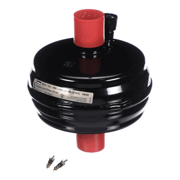 A black cylindrical component with red capped openings and a small label, accompanied by two small metal fittings.