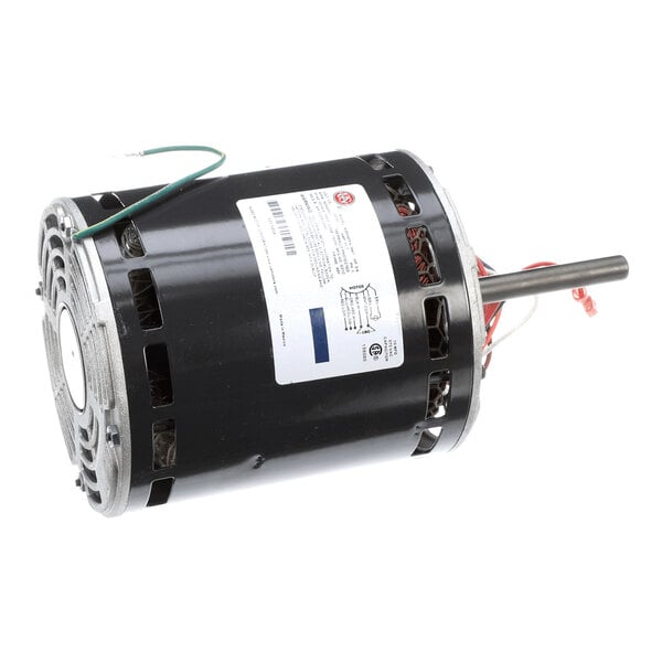 A cylindrical electric motor with a black housing, visible wiring, and a protruding metal shaft.