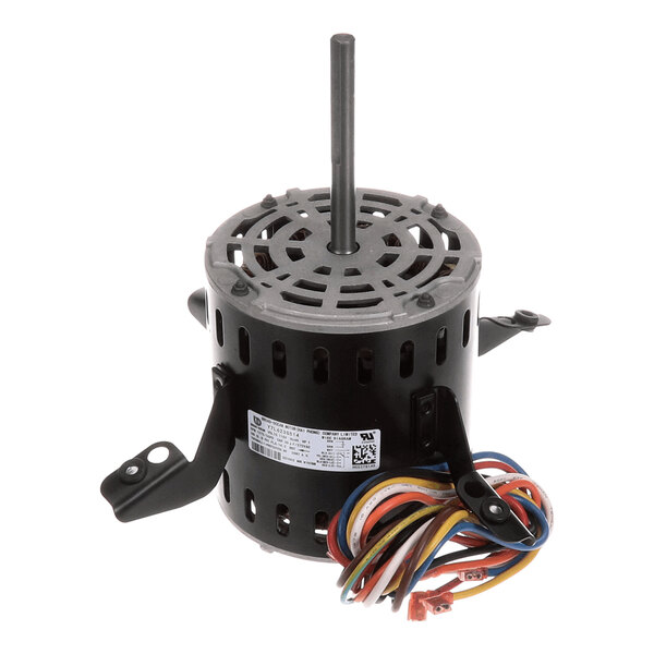 A cylindrical electric motor with a central shaft, mounting brackets, and several colored wires extending from the base.