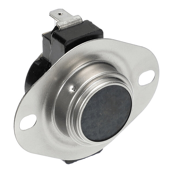 A close-up view of a metallic component with a round black center and two mounting holes on either side.