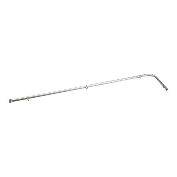 A long, thin, metallic rod with a slight bend at one end and several small brackets or clips along its length.