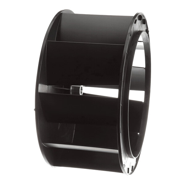 A black cylindrical plastic fan wheel with wide blades and open sides.