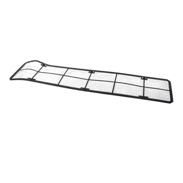 A rectangular mesh filter with a black frame, featuring a grid pattern and slightly raised edge on one side.