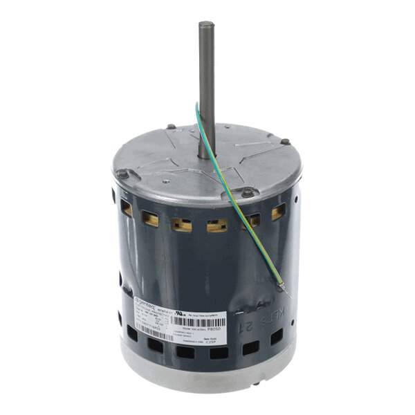 A cylindrical electric motor with a vertical shaft, ventilation openings, and a label with technical information on its side.