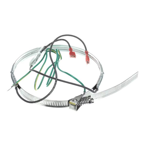 A metal band with attached electrical wires and connectors, likely a heating element or band heater.