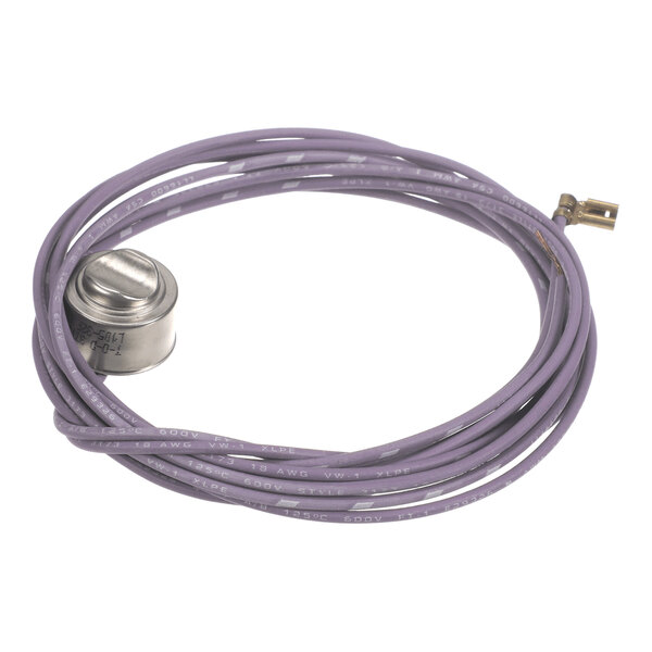 A coiled purple electrical wire with a metal cylindrical component attached to one end and a metal connector on the other end.