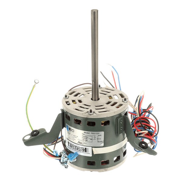 A cylindrical electric motor with a central shaft, mounting brackets, and several colored wires extending from its base.