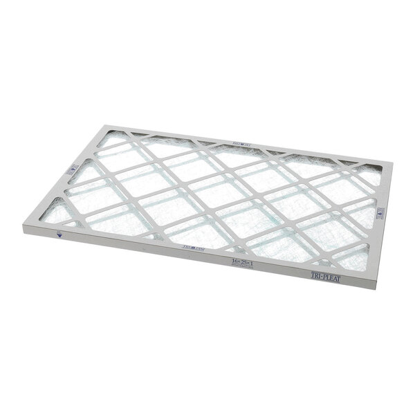 A rectangular disposable filter with a white fiberglass-like material and a cardboard frame featuring a crisscross pattern.