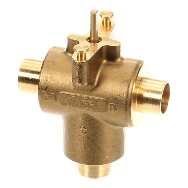 A brass three-way valve with three cylindrical pipe connections and two vertical pins on top.