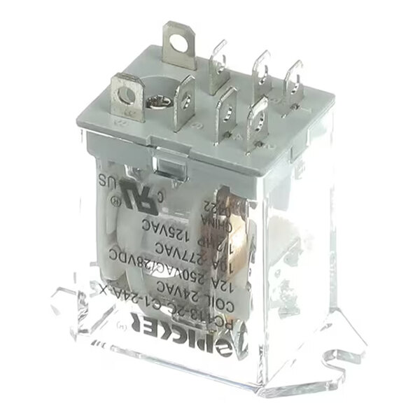 A transparent rectangular relay with a gray top, multiple metal terminals, and printed text on the side.