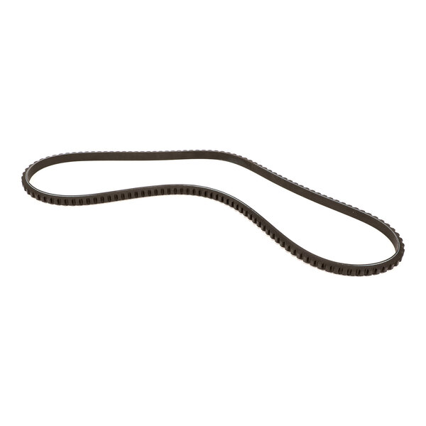 A black, toothed drive belt is shown against a white background.