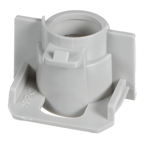 A gray plastic component with a cylindrical center and flat mounting base featuring raised edges and a small tab.