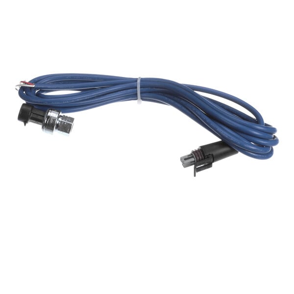 A coiled blue cable with connectors on both ends, one end featuring a metal threaded component and the other a plastic connector.