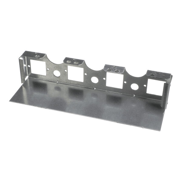 A metal bracket with multiple square and circular cutouts, likely used for mounting or supporting components.