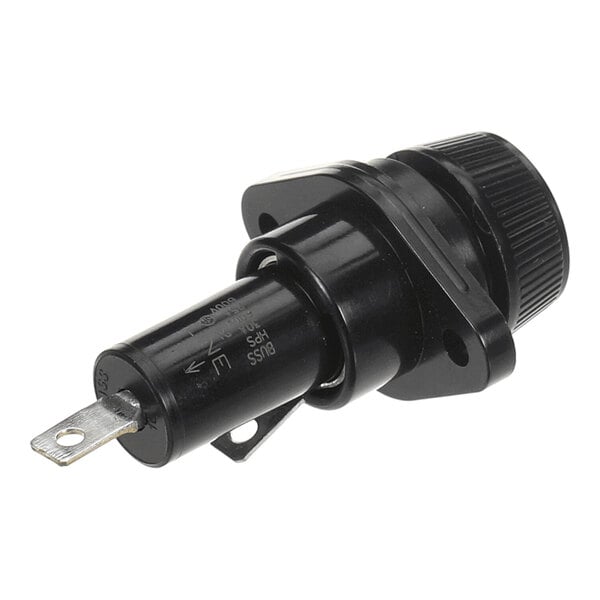 A black cylindrical fuse holder with a metal terminal and mounting flange.