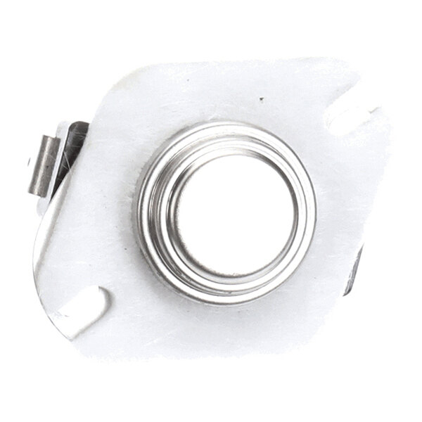 A metallic component with a circular center and a rectangular mounting plate featuring two slots and a clip on one side.