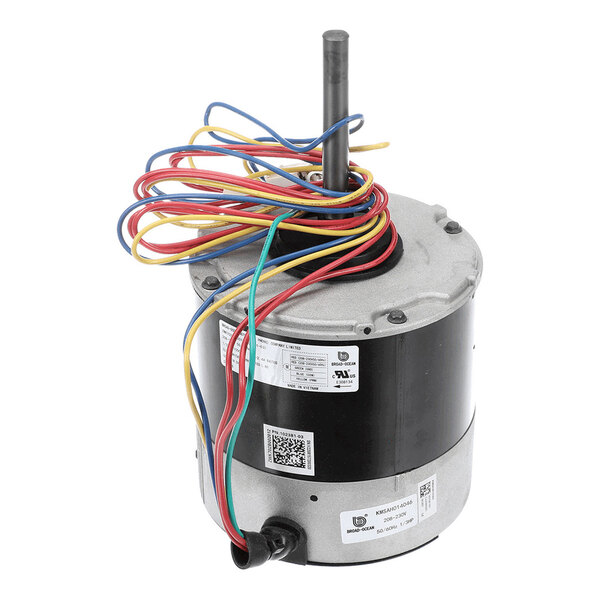 A cylindrical electric motor with a central shaft and multiple colored wires extending from the top.