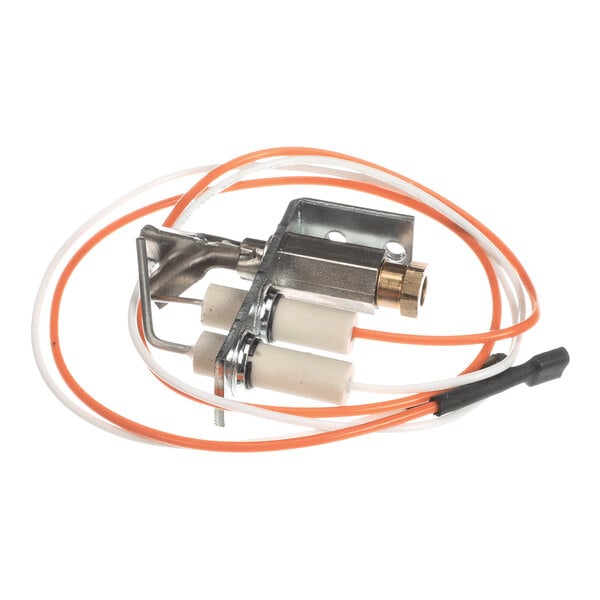 A metal component with attached ceramic insulators and orange and white wires, likely part of an ignition or sensor assembly.