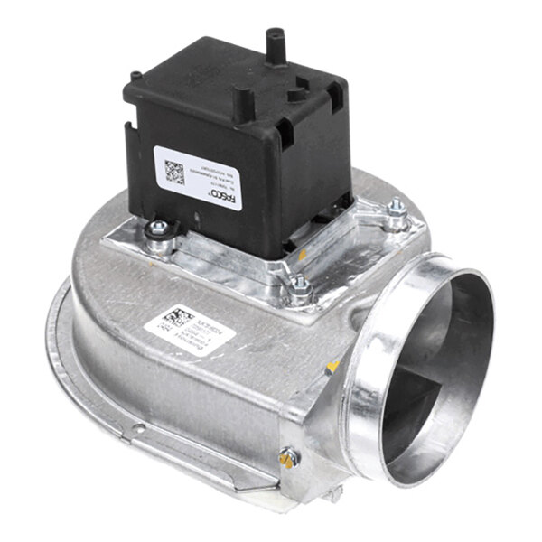 A metallic blower assembly with a cylindrical air outlet and a black rectangular component mounted on top.