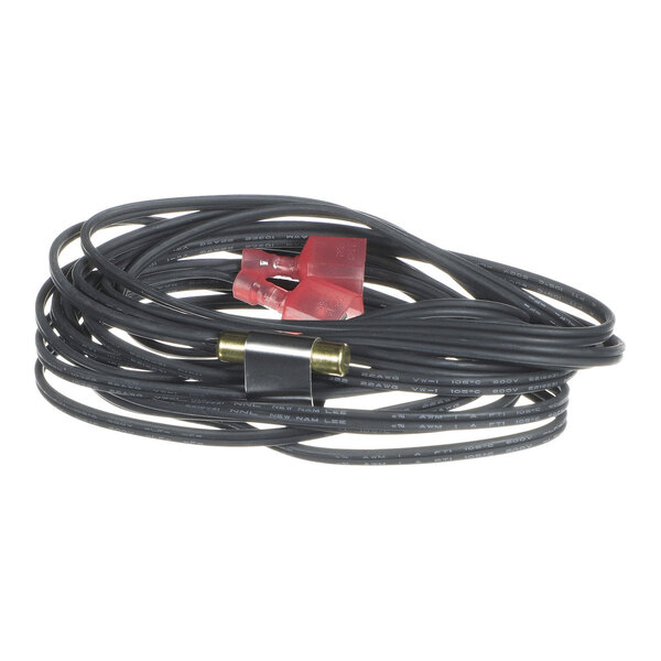 A coiled black cable with red connectors and a small cylindrical metal component attached.