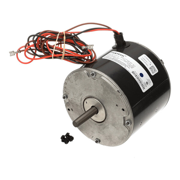 A cylindrical electric motor with a metal shaft, attached wires, and mounting screws visible on a white background.