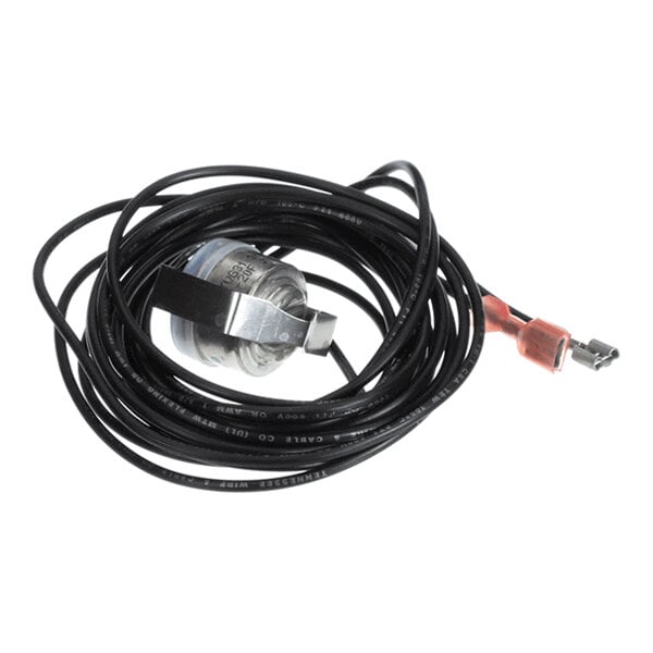 A coiled black cable with a metal sensor component and a red connector at the end.
