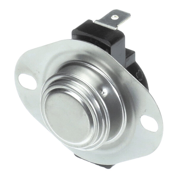 A metallic, round thermostat switch with two mounting holes and an electrical terminal.