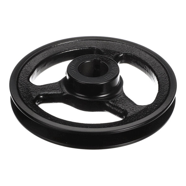 A black metal wheel with three spokes and a central hub, resembling a pulley.