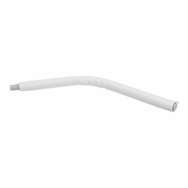 A white, flexible hose with a slight bend and textured surface, featuring connectors at both ends.