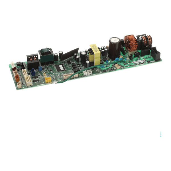 A green printed circuit board with various electronic components including capacitors, coils, connectors, and integrated circuits.