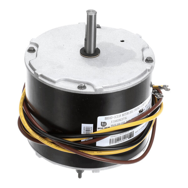 A cylindrical electric motor with a central shaft and several colored wires attached, shown against a white background.