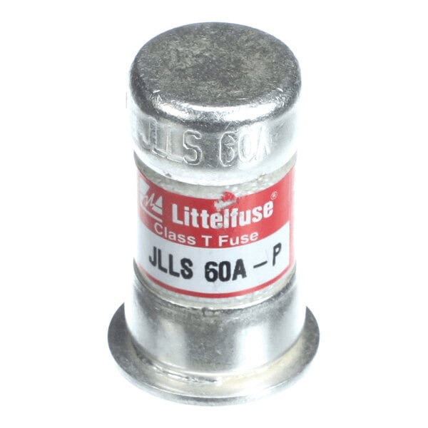 A cylindrical metal fuse with a red and white label indicating it is a Littelfuse Class T Fuse, model JLLS 60A-P.
