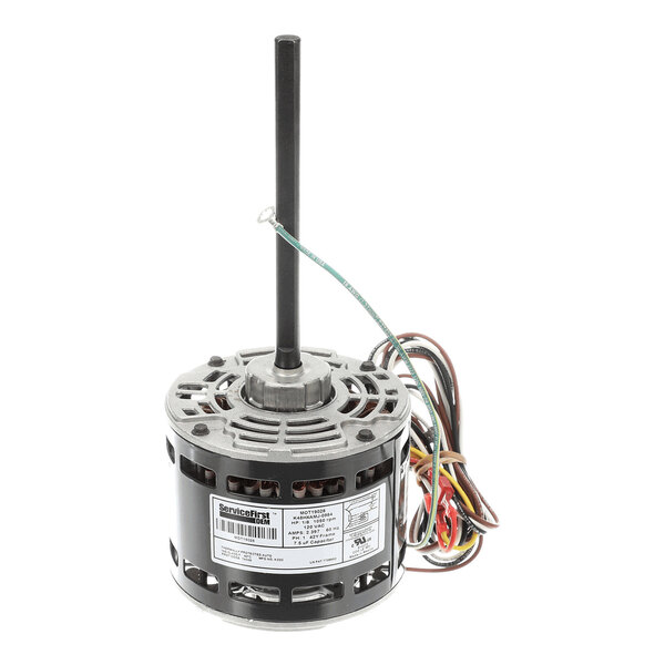 A cylindrical electric motor with a long central shaft, multiple colored wires, and a label on the side.