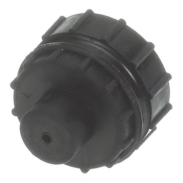 A black, round, ridged plastic or rubber component with a central protrusion and a small hole in the middle.