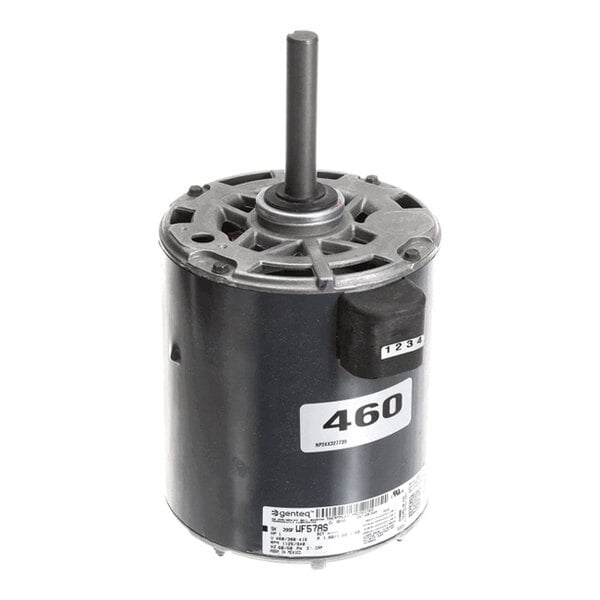 A cylindrical electric motor with a central shaft extending upward, labeled with '460' and additional identification stickers.