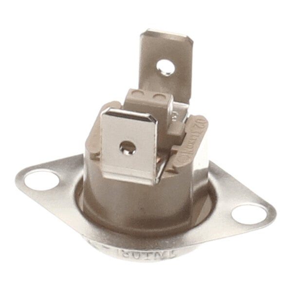 A metallic component with two mounting holes and three upright electrical terminals.