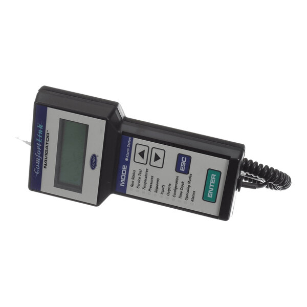 A handheld electronic device with a display screen, several buttons, and a coiled cable attached.