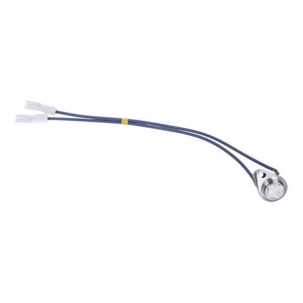 A small electronic component with a metal sensor and two blue wires ending in white connectors.