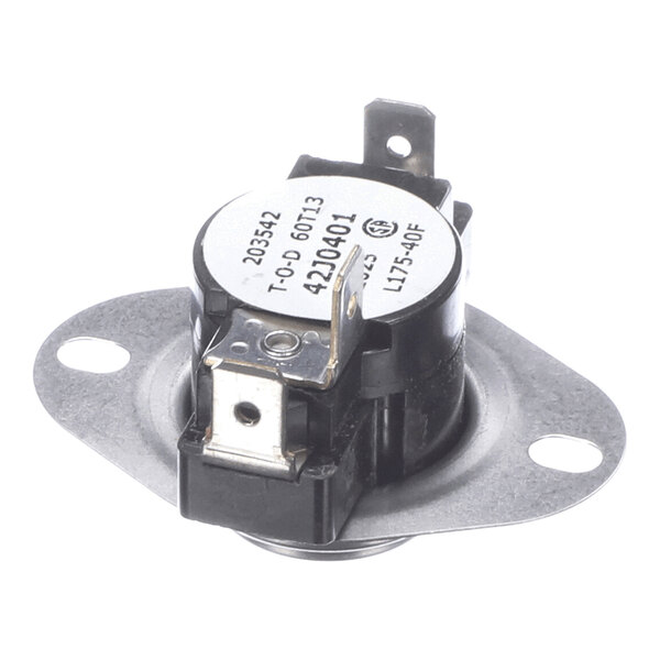 A small round metal and plastic component with two electrical terminals and a mounting flange with two holes.