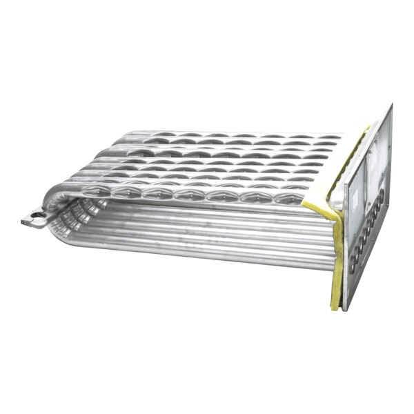A metallic, finned heat exchanger assembly with multiple parallel tubes and a mounting plate on one end.